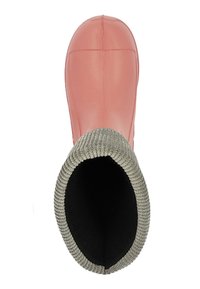 Botte en caoutchouc rose avec un col en tricot gris, ouverture large et doublure intérieure noire. Extérieur lisse avec un design à bout arrondi.
