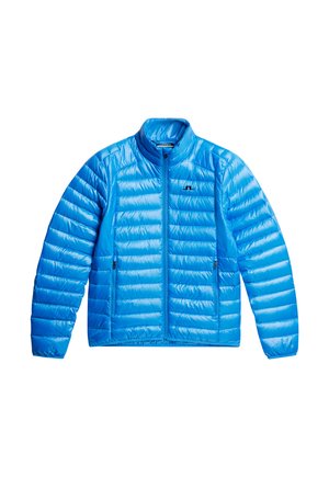 Giacca isolante blu con motivo trapuntato, colletto alto, zip frontale full e tasche laterali. Materiale leggero con una texture liscia.