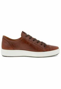 Brown leather sneaker with a white rubber sole, round toe, and dark brown laces. Features a smooth finish and minimalistic design.