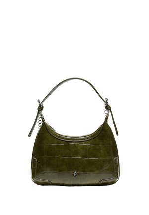 Kleine olivgrüne Handtasche mit schmalem Riemen, Krokodillederstruktur, Reißverschluss und kleinem silbernen Emblem in der vorderen Mitte.