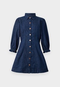 Jeansklänning med krage, puffärmar, knäppning fram och en utflädd kjol. Mörkblå med subtila sömdetaljer.