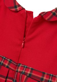 Rotes Kleid mit kariertem Kragen und Plisseesaum. Der Reißverschluss befindet sich hinten, das gesamte Kleid ist aus einem strukturierten Stoff gefertigt.