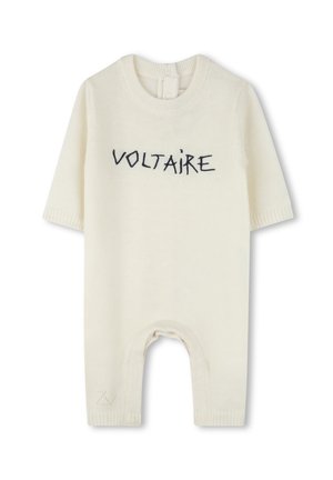 Combinaison tricotée crème à manches courtes, avec un texte brodé noir "VOLTAIRE" sur la poitrine et un petit logo près de l'ourlet.