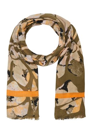 Miękki szalik z tkaniny z abstrakcyjnym wzorem w ziemistych odcieniach zieleni, pomarańczu i beżu, z wyraźnym pomarańczowym paskiem blisko końców.