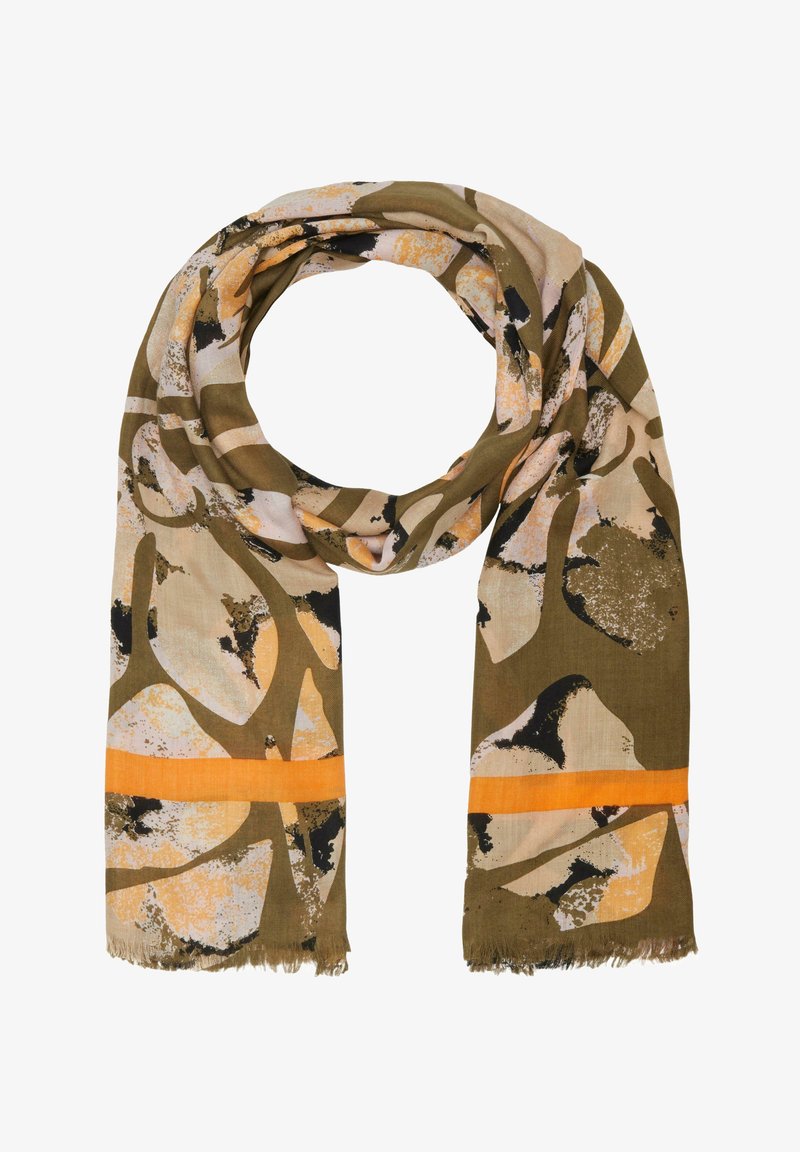 Weicher Stoffschal mit einem abstrakten Muster in erdigen Tönen von Grün, Orange und Beige, verziert mit einem kräftigen orangefarbenen Streifen an den Enden.