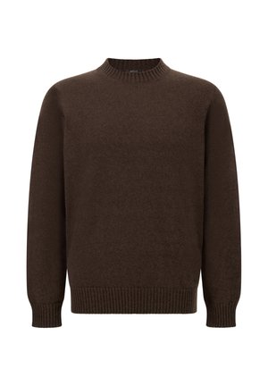 Ruskea neulottu neuletakki, pyöreä pääntie, pitkät hihat, resorit hihansuissa ja helmassa, pehmeä rakenne, kevyt kangas, minimalistinen muotoilu.