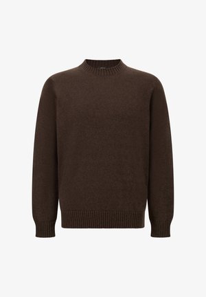 Ruskea neulottu neuletakki, pyöreä pääntie, pitkät hihat, resorit hihansuissa ja helmassa, pehmeä rakenne, kevyt kangas, minimalistinen muotoilu.