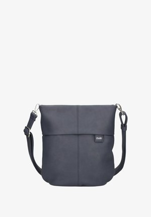 Borsa a tracolla in pelle blu navy con design a pieghe superiori, tracolla regolabile e hardware silver. Presenta un delicato dettaglio di cucitura orizzontale.