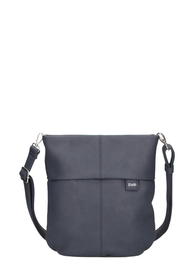 Borsa a tracolla in pelle blu navy con design a pieghe superiori, tracolla regolabile e hardware silver. Presenta un delicato dettaglio di cucitura orizzontale.