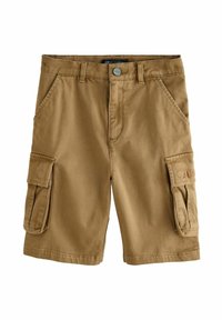 Khaki cargo shorts made of cotton, featuring a flat front, belt loops, and two side pockets with buttoned flaps. Smooth texture, regular fit.