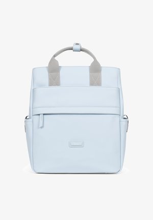 Light blue backpack made of smooth material with gray straps, top handle, front pocket, and contrasting stitching. Compact, rectangular shape.