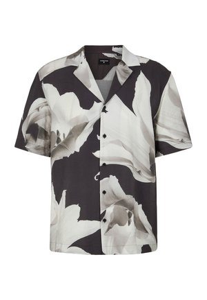 Korte mouwen, button-up shirt met een zwart-wit bloemenpatroon; gemaakt van lichtgewicht stof, met een camp collar en een relaxte pasvorm.