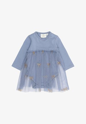 Plavi bodysuit dugih rukava s tilom na vrhu koji prikazuje zlatne uzorke mašni. Mekani pamučni materijal, s dugmadima za zatvaranje na ramenu i dnu.