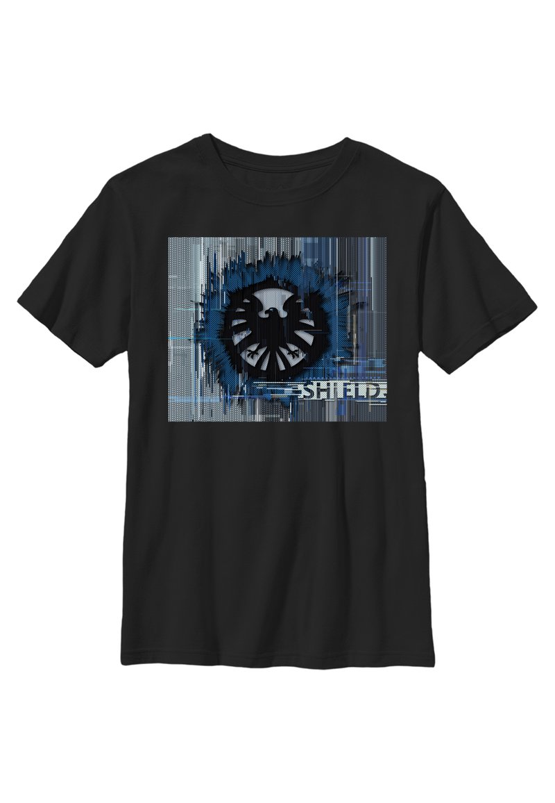 Sort bomulds t-shirt med et grafisk print af et stiliseret ørnelogo omgivet af et blåt og gråt burst-design. Teksten inkluderer "SHIELD."