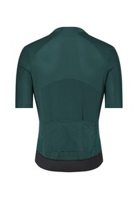 Maillot de cyclisme à manches courtes vert foncé avec panneaux en maille, trois poches arrière, une petite poche zippée et un détail d'ourlet noir.
