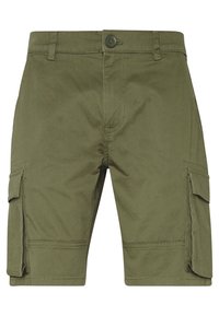 Shorts cargo vert olive avec fermeture à bouton, deux poches latérales et des poches cargo supplémentaires sur chaque jambe, fabriqués en tissu durable.