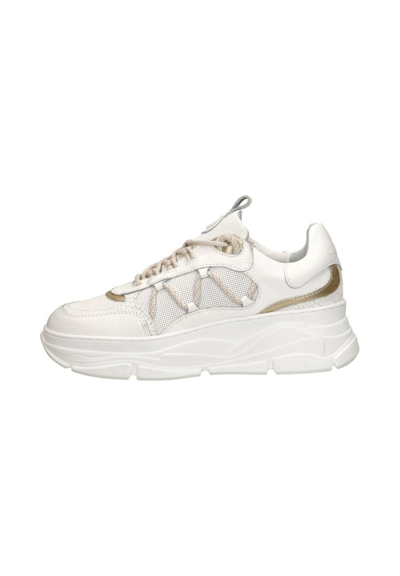 White sneaker with textured fabric and smooth leather accents. Features a chunky white sole and light brown detailing on the side.