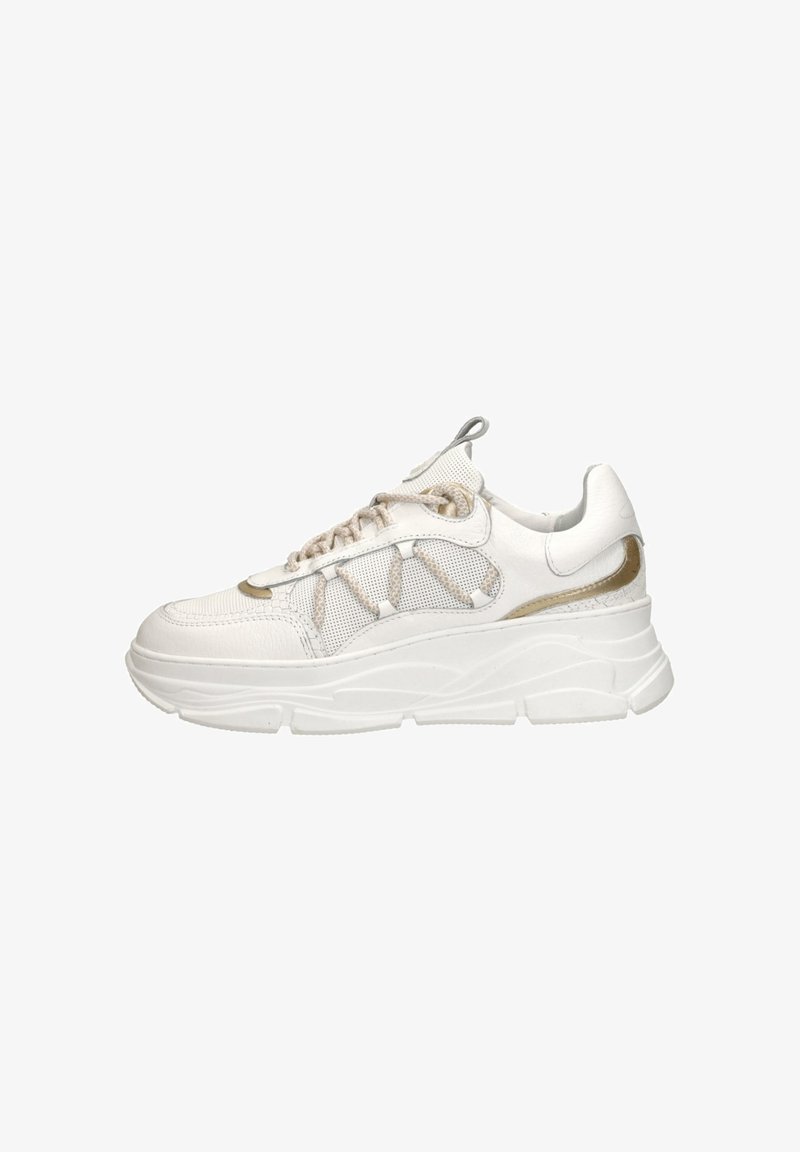 White sneaker with textured fabric and smooth leather accents. Features a chunky white sole and light brown detailing on the side.