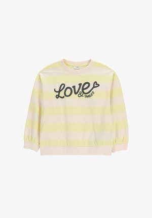 Bluza z długim rękawem w bladożółte i kremowe poziome pasy, z czarnym napisem "Love & Smiles" i detalem serca z przodu.