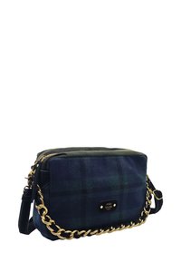 Petit sac à bandoulière rectangulaire à carreaux bleu foncé et vert avec des détails en chaîne dorée et une sangle noire réglable, logo Mila Louise Paris sur le devant.