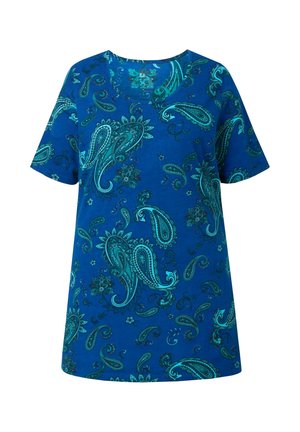 Chemise bleue à manches courtes avec un col rond arborant un motif complexe de paisley et de fleurs en turquoise.