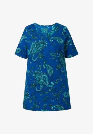 Sininen, lyhythihainen paita, jossa on pyöreä pääntie ja monimutkainen teal-päinen paisley-kuvio sekä kukkakuvio.