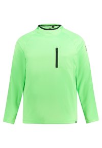 Langærmet, lysegrøn skjorte lavet af glat, letvægtigt stof. Har en lynlåslomme på brystet og en høj krave. Sorte detaljer.