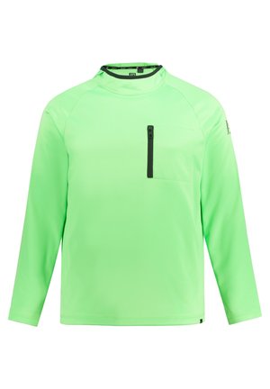 Langmouwige, heldergroene shirt gemaakt van soepele, lichte stof. Voorzien van een ritszak op de borst en een hoge kraagontwerp. Zwarte accenten.