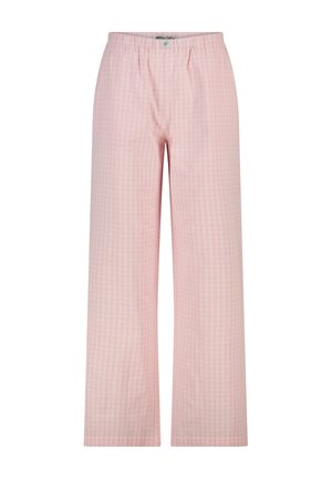 Roze broek met elastische taille en subtiel wit ruitpatroon, rechte pijpen en zonder zichtbare zakken of sluitingen.