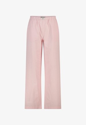 Roze broek met elastische taille en subtiel wit ruitpatroon, rechte pijpen en zonder zichtbare zakken of sluitingen.