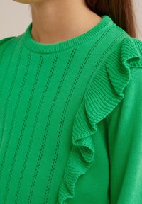 Pulover verde tricotat, cu dungi verticale, guler rotund și un accent volănaș pe una dintre mâneci. Textură ușoară, grosime medie.