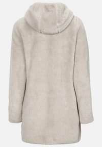 Vaalea beige fleece-takki hupulla, jossa on tekstuuri, pehmeä ulkopinta ja pitkät hihat. Takki on suunniteltu rentoon istuvuuteen ja lämpöön.