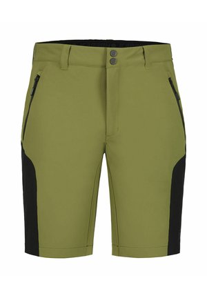 Zielone szorty z czarnymi bocznymi panelami, kieszeniami na zamek i dwoma przednimi guzikami. Wykonane z lekkiego materiału o gładkiej fakturze.