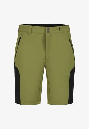 Pantalones cortos verdes con paneles laterales negros, bolsillos con cremallera y dos botones delanteros. Hechos de material ligero, con una textura suave.