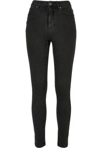 Fekete, magas derekú, skinny farmernadrág, denim anyagból készült. Öt zsebbel, övhurkokkal és elülső gombos cipzárral rendelkezik.