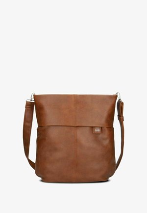 Braune Lederschultertasche mit glatter Textur, rechteckiger Form und verstellbarem Riemen. Verfügt über ein dezentes Logo und ein minimalistisches Design.