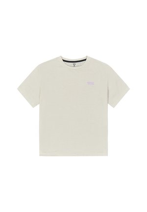 Light beige short-sleeve t-shirt made of soft fabric. Features a round neckline and a subtle purple logo on the left chest area.