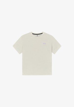 Light beige short-sleeve t-shirt made of soft fabric. Features a round neckline and a subtle purple logo on the left chest area.