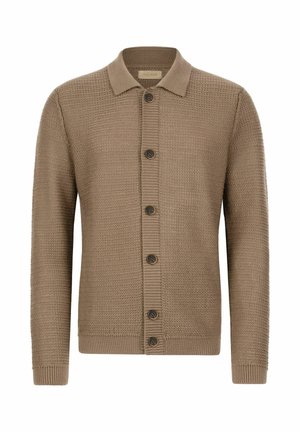 Brun strikket cardigan med krave, knaplukning og ribbede manchetter, der har struktureret stof og fem brune knapper.