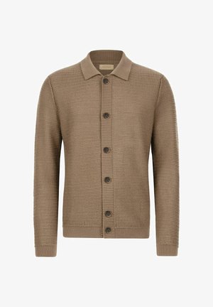 Brązowy sweter z dzianiny z kołnierzykowym dekoltem, zapinany na guziki z przodu i z prążkowanymi mankietami, charakteryzujący się teksturowanym materiałem i pięcioma brązowymi guzikami.