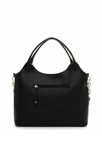 Musta nahkainen käsilaukku, jossa on teksturoitu pinta, vetoketjullinen tasku ja tukevat kaksinkertaiset kahvat helppoa kantamista varten.