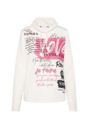 White hoodie with a high collar and drawstrings. Features multicolored printed text and graphics in various fonts, including pink and black accents.