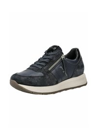 Sneaker blu scuro in mistura di suede e pelle, con accenti texturizzati, allacciatura frontale e cerniera laterale. Suola spessa e leggera.