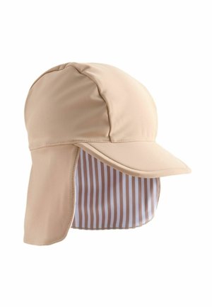 Beige sun hat with a soft fabric finish, a wide brim, and a longer neck flap. Interior features a white and beige striped lining.