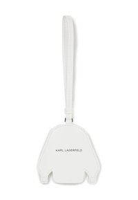 Biała skórzana breloczek w kształcie misia z pętlą do zawieszania; z wytłoczonym tekstem "KARL LAGERFELD" z przodu.