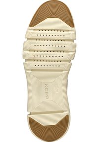 Suola in gomma con un design a strati; colore crema con accenti marroni e motivi circolari; presenta fori di ventilazione per la traspirabilità.