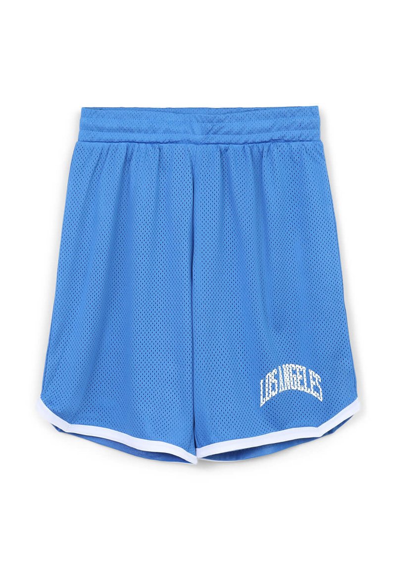 Pantaloni sportivi blu in rete con accenti bianchi, vita elasticizzata e testo "LOS ANGELES" in un font bianco curvo sul lato sinistro.