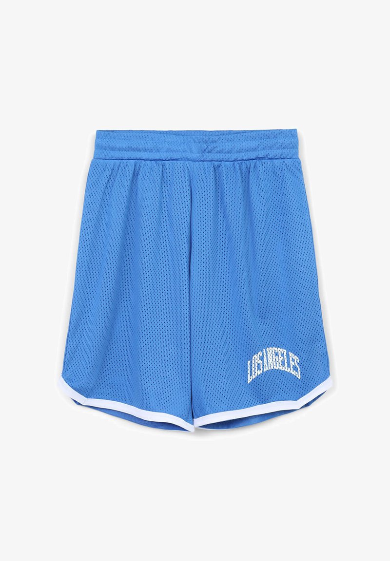 Pantaloni sportivi blu in rete con accenti bianchi, vita elasticizzata e testo "LOS ANGELES" in un font bianco curvo sul lato sinistro.