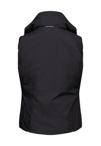 Black sleeveless padded vest with high collar, shown from the back on a white background.