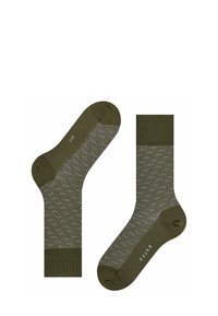 Calze verde oliva con un motivo lavorato a maglia in grigio chiaro. Fascetta a coste nella parte superiore, finitura liscia e logo stampato sul lato.